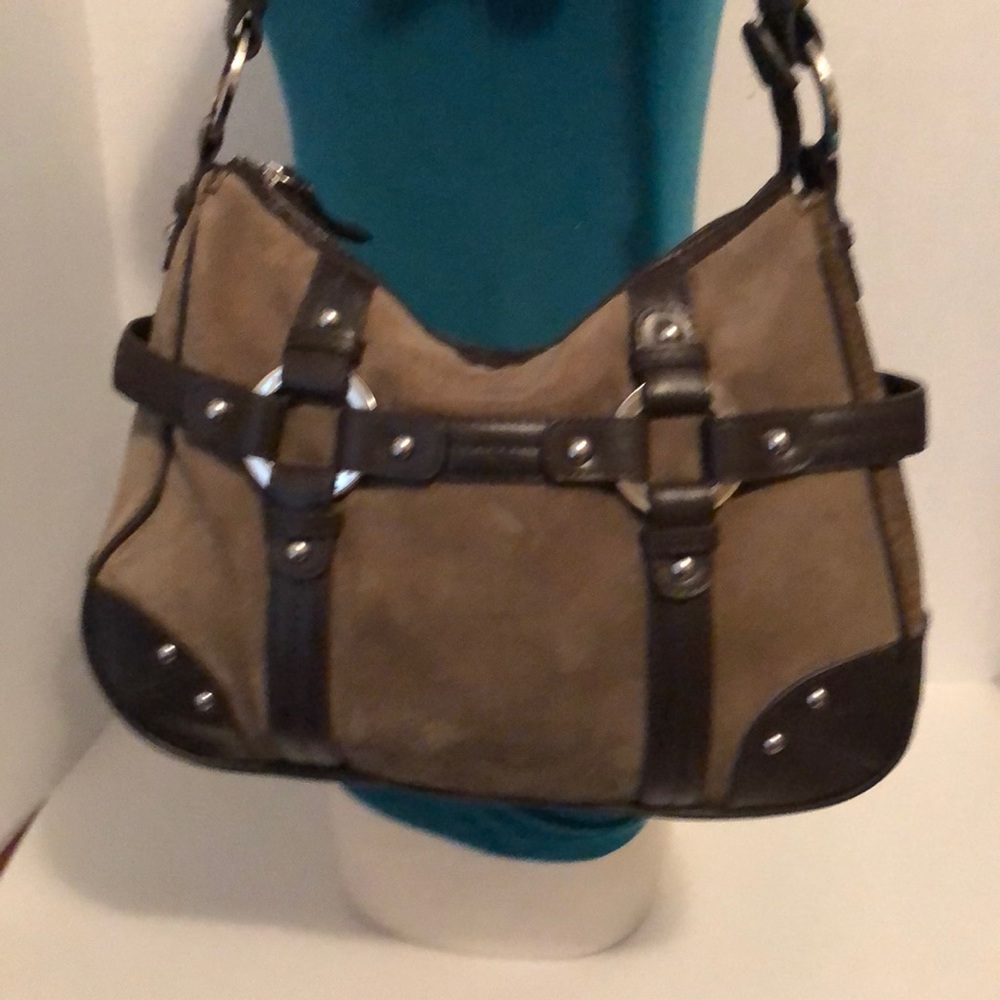 Wilsons Suede Leather Shoulder Handbag Brown Green - Picture 2 of 8